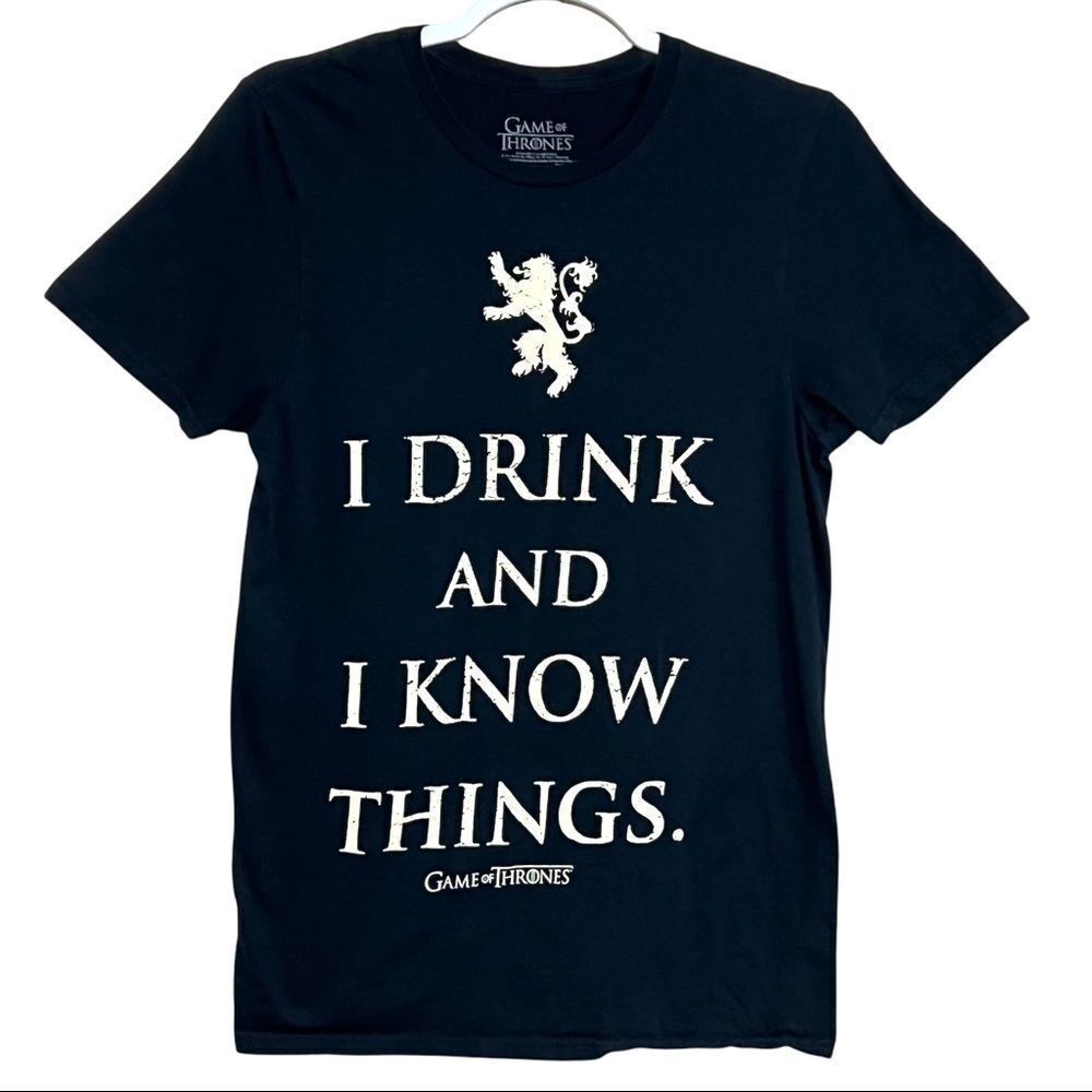 Game of thrones womens `I drink and I know things' small black tee shirt